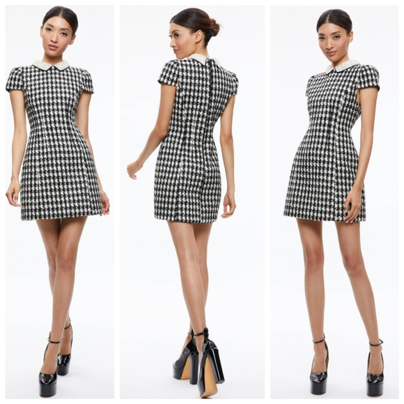 Alice + Olivia Velia Tweed Mini Dress Black Crystal Pearl Collar Size 6 NWT $598 - Picture 3 of 15